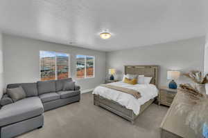 Bedroom with light colored carpet and a textured ceiling