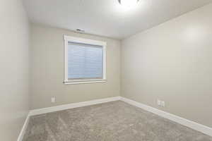 Carpeted spare room with a textured ceiling