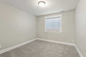 Carpeted spare room featuring a textured ceiling