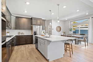 Kitchen featuring sink, light hardwood / wood-style flooring, an island with sink, pendant lighting, and decorative backsplash