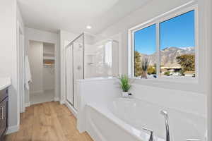 Bathroom featuring independent shower and bath, vanity, a mountain view, and hardwood / wood-style floors