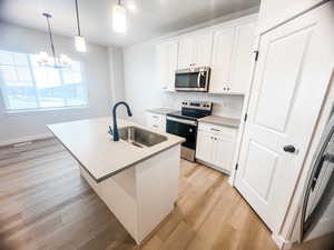 Kitchen with pendant lighting, sink, white cabinets, and appliances with stainless steel finishes