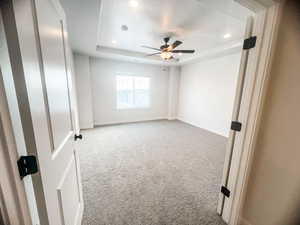 Primary room with a raised ceiling, ceiling fan, and carpet