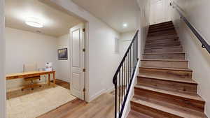 Stairway with hardwood / wood-style floors