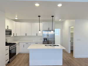 Kitchen featuring SS appliances, light wood-style floors, quartz countertops, white shaker cabinetry and recessed lighting