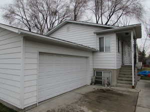 Exterior space with a garage