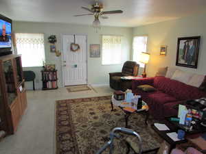 Carpeted living room featuring ceiling fan and a healthy amount of sunlight