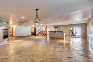 Interior space featuring a tile fireplace