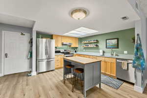 Kitchen with butcher block countertops, sink, light hardwood / wood-style floors, and appliances with stainless steel finishes