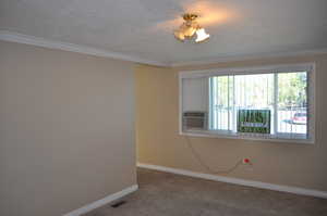 Carpeted spare room with ornamental molding, cooling unit, and a textured ceiling