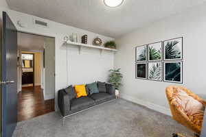 Living room featuring a textured ceiling and dark colored carpet