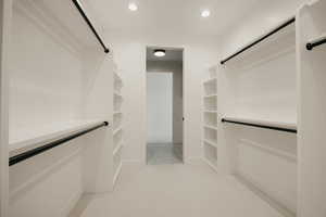 Spacious closet featuring light colored carpet