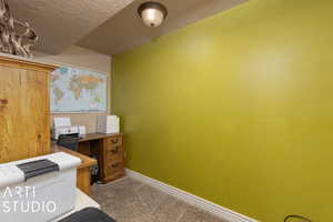 Office featuring carpet flooring and a textured ceiling