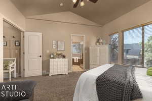 Carpeted bedroom featuring lofted ceiling, access to outside, ceiling fan, and ensuite bath