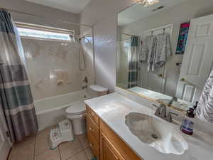 Full bathroom with vanity, shower / bathtub combination