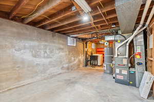 Basement with heating unit and secured water heater