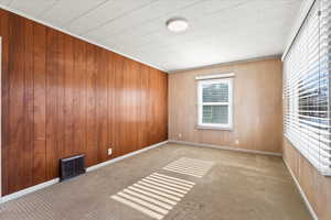 Spare room with crown molding, wooden walls, and light carpet