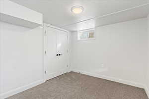 Basement featuring a textured ceiling and carpet flooring