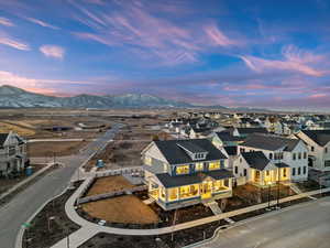 Aerial view at dusk with a mountain view