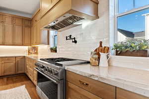 Kitchen with light hardwood / wood-style flooring, high end stainless steel range oven, tasteful backsplash, light stone countertops, and custom exhaust hood