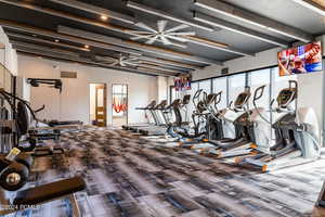 Exercise room featuring ceiling fan and carpet