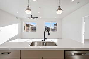 Kitchen with pendant lighting, sink, and stainless steel dishwasher