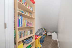 Playroom featuring vaulted ceiling and carpet floors