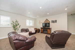 Carpeted living room featuring a textured ceiling