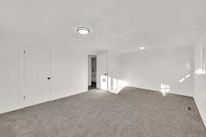 Carpeted empty room featuring a textured ceiling