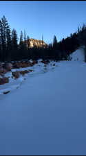 View of yard layered in snow