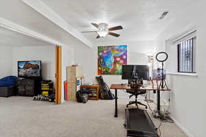 Office space with ceiling fan, carpet floors, and a textured ceiling