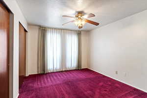 Carpeted empty room featuring ceiling fan, plenty of natural light, and a textured ceiling