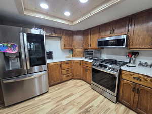 Kitchen with light hardwood / wood-style floors, stainless steel appliances, and a raised ceiling