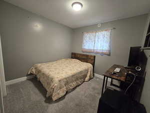 Carpeted bedroom with a textured ceiling