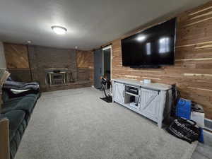 Carpeted living room with wooden walls, a textured ceiling, and a wood stove