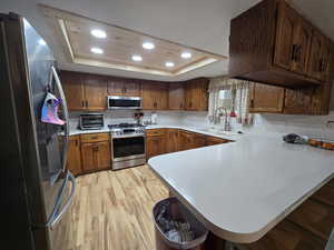 Kitchen featuring sink, a tray ceiling, stainless steel appliances, and kitchen peninsula