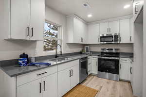 Kitchen featuring white cabinetry, sink, and appliances with stainless steel finishes