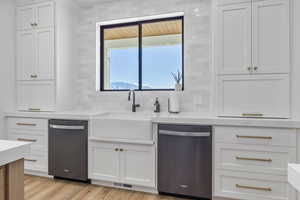 Kitchen with sink, white cabinetry, stainless steel dishwasher, light hardwood / wood-style floors, and decorative backsplash