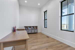 Home office featuring light hardwood / wood-style flooring