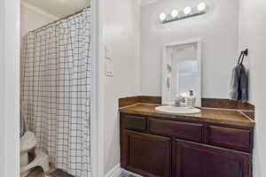 Bathroom with a shower with curtain, ornamental molding, toilet, and vanity