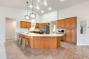 updated kitchen with quartz countertops,Bosch dual fuel stove, subway tile, and farm sink.