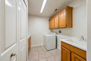 Sink, closet, counter, and cupboards.