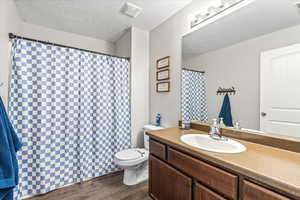 Bathroom featuring wood-type flooring, toilet, a textured ceiling, and vanity