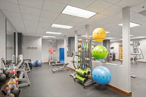 Exercise room featuring a paneled ceiling