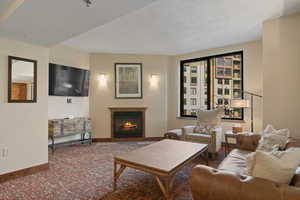 Living room with carpet floors and a textured ceiling