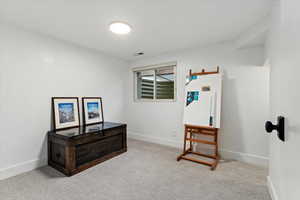 Living area with light carpet