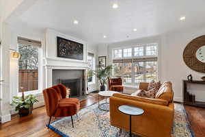 Living area featuring wood-type flooring and a fireplace