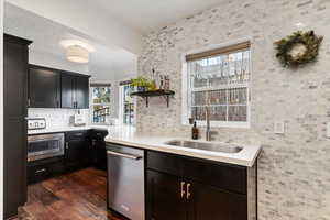 Kitchen featuring a healthy amount of sunlight, appliances with stainless steel finishes, dark hardwood / wood-style flooring, and sink