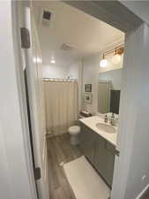 Bathroom with wood-type flooring, curtained shower, vanity, and toilet