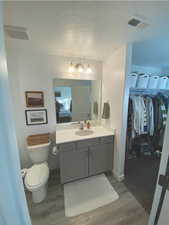 Bathroom featuring vanity, hardwood / wood-style floors, a textured ceiling, and toilet